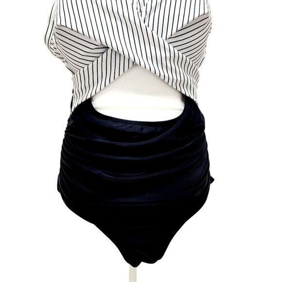 Striped Halter One-Piece Swimsuit Adjustable Straps Size XL Eomenie Black White - Picture 12 of 13